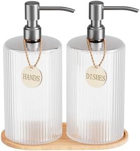 18Oz Soap Dispenser Set with Silver Stainless Steel Pump & Wood Tray - Vertical Stripe Design Refillable for Dish Soap & Hand Soap, Fits Kitchen & Bathroom Countertops