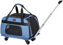 Petsfit Pet Carrier with Wheels, Rolling Cat Carrier for 2 Small Cats, Airline Approved Pet Carrier with Telescopic Handle Perfect for Travelling Under 15lb,Blue