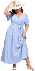 KOJOOIN Women Plus Size V Neck Wrap Maxi Dress High Waist Ruffle Short Sleeves Casual Summer Dress with Belt, Light Blue, X-Large