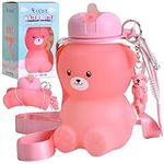 RIXOZ Pink Bear Water Bottle - 600ml Silicone Collapsible Bear Water Bottle With Bear Toy Keyring For Kids | Great Gift For Girls And Boys