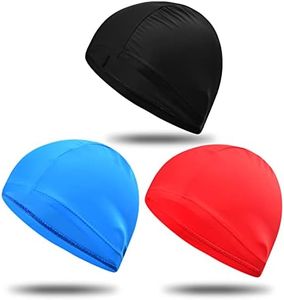 Dokpav 3 Pcs Swimming Caps, Elastic Fabric Polyester Swimming Cap Lightweight Non-Slip Swimming Cap Unisex Swimming Cap Suitable for Most Adults and Teenagers (Blue+Black+red)