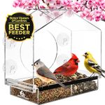 Deluxe Clear Window Bird Feeder, Large Wild Birdfeeder with Drain Holes, Removable Tray, Super Strong Suction Cups, Transparent Viewing, Covered, High Seed Capacity, Rubber Perch