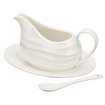 SUMNACON Ceramic 13 Oz Gravy Boat with Saucer, Sauce Boat with Tray and Spoon Salad Dressings Bowl Broth Creamer Black Pepper Boat Ketchup Serving Jug with Handle for Kitchen Restaurant (White)