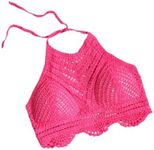 MakeMeChic Women's Solid Tie Back Crochet Halter Bikini Top Summer Beach Knit Bralette Crop Tops Pink Small