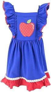 Girls Flutter Sleeve Back to School Dress for Kids First Day of Kindergarten 1st 2nd 3rd Grade and Picture Day Outfit (8Y, Apple)