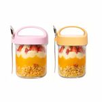 Soko 2 PC Overnight Oats Glass Jar with Lid and Spoon | Portable Mason Oatmeal Container | On-The-Go Breakfast Cup | Kitchen Storage for Healthy Eating - Fruit,Milk,Salad, Nuts,Yogurt - Pink & Yellow