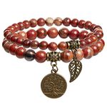 Bivei Red Jasper Beaded Bracelets Root Chakra Natural Healing Crystal Gold Tree of Life and Leaf Charm Quartz Energy Bracelet Set Semi-Precious Gemstone Stretch Bracelets for Women Calming Anxiety