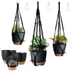 3 Pack Self Watering Hanging Planters Macrame Plant Hangers with Indoor Flower Pots, 3 Different Size Hanging Basket, Plant Hanger with Hooks for Garden Home Decor Black