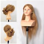 22 inch 100% Human Hair Mannequin Head Manikin Cosmetology Heads Practice Braiding Styling Training Coloring Bleaching Dyeing Curling Cutting Updos (Dark Blonde)