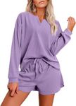 Ekouaer Pajama Set for Women Waffle Knit Lounge Sets Long Sleeve Top and Shorts Matching Loungewear,Lilac,L