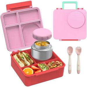 Bento Lunch Box Set for Kids with 8oz Soup Thermo, Leak-Proof Lunch Containers with 4 Compartment, Thermo Hot Insulated Food Jar and Foldable Fork Spoon, for Kids to School (Pink)