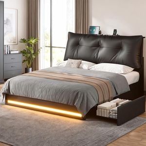 AOGLLATI Full Size Bed Frame with Removable Thick Backrest Headboard, Upholstered Led Bed Frame Full Size with 4 Storage Drawers and Charging Station, No Spring Box Needed, Black