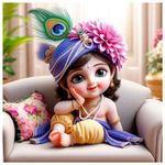 Akki World Little Baby Head Big Pink Flower Mukut Krishna God Wall Poster for Bed Room, Livng Room, Pooja Room (Size - 41CM X 41CM)