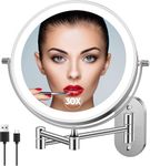 Rechargeable Wall Mounted Lighted Makeup Vanity Mirror 8 Inch Double Sided 1X 10X Magnifying Bathroom Mirror, 3 Color Lighting, Touch Screen Dimming, Extended Arm 360 Rotation Shaving Light up Mirror