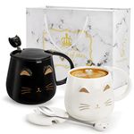 Nicunom 2 Pack Ceramic Cat Mug with Gift Box, Coffee Mugs for Cat Lovers Couples, 13.5 Oz Mug with Lid & Spoon, Cute Cat Mug Gifts for Wedding Birthday Mother's Day Father's Day