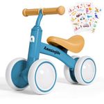 Baby Balance Bike Toys for 1 Year Old, No Pedal Infant 4 Wheels Blue Baby Walker, Easy to Assemble Toddler Ride On Toys, Three Free Cartoon Stickers, First Birthday Gift for Boys