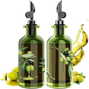 COOLMI Olive Oil Dispenser Bottle Set of 2-12oz Glass Oil & Vinegar Cruet for Kitchen - Leakproof Stainless Steel Pourers, Funnel & Labels - Extra Thick Decanter Container