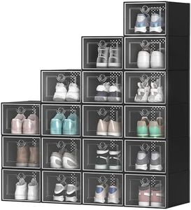 YITAHOME 18 Pack Shoe Storage Boxes Fit up to US Size 13, Stackable Plastic Shoe Organizer Box, Space Saving Sneaker Containers for Bedroom, Entryway, Closet (Black, Medium)