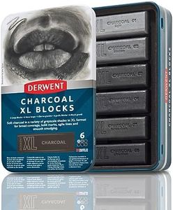 Derwent Charcoal XL Blocks 6 Tin, Set of 6, 60mm Extra-Large Block, Naturally Water-soluble, Ideal for Sketching, Drawing and Expressive Mark Making, Professional Quality (2306196)