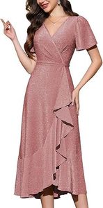 Mikethon Women Sparkly Formal Wedding Guest Dress Party V Neck Wrap Glitter Ruffle Short Sleeve Prom Evening Midi Elegant Flowy Dresses Blush Pink L