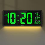 YORTOT 16” Large Digital Wall Clock with Remote Control and 7 Night Lights, 4 Level Dimmer, Super Easy to See and Set, Big LED Clock with Indoor Temperature, Date, Perfect for Home, Office, Gym (Green)