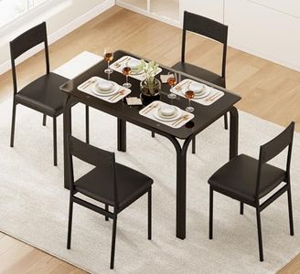 J-yaamiZz Dining Table Set with Black Glass Table and 4 PU Cushion Top Chairs, 5-Piece Dinette Sets for Small Spaces Kitchen, Home Furniture Rectangular Modern (Dining Table Set for 4)