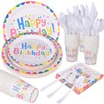 Birthday Plates and Napkins, Birthday Party Supplies Colorful Disposable Dinnerware Set, Colorful Party Plates Napkins Cups, Plastic Forks Knives Spoon for Birthday Party (Serves 25)