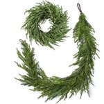 Norfolk Pine Christmas Garland and Wreath Set, 24IN Green Wreath and 6FT Christmas Garland Artificial Faux Greenery Norfolk Pine for Holiday Indoor Mantle Decor