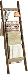 HonyQiShuo 5-Tier Bamboo Ladder Shelf, Farmhouse Style Blanket Ladder, Rustic Decorative Ladder with 4 Removable Hooks, Brown