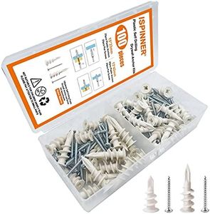 ISPINNER 100pcs Plastic Self-Drilling Drywall/Hollow-Wall Anchor Kit with Screws (2 Sizes)