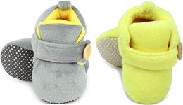 superminis Baby Shoes/Booties with Wooden Button - Soft Base, Ankle Length, Breathable for Newborn Girls/Boys (Grey and Lemon, 0-9 Months) Pack of 2