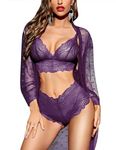 RSLOVE Women Sexy Lingerie Set 3 Piece Lace Kimono Robe with Bra and Panty Sheer Sleepwear Purple M