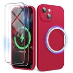 SURPHY Magnetic Case for iPhone 15 Case with Screen Protector, Liquid Silicone Anti-Scratch Compatible with MagSafe Gel Rubber Phone Case for iPhone 15 6.1 inch, Red