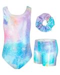 JiAmy Gymnastics Leotards for Girls with Short, Kids Athletic Crisscross Back Dancewear Gymnastics Athletic Outfit 3Pcs for Kids 3-12 Years