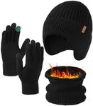 FURTALK Mens Winter Knit Beanie with Earflap Neck Warmer and Gloves Set Warm Fleece Lined Skull Cap Black