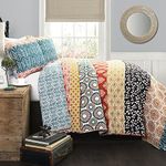 Lush Decor Bohemian Stripe Reversible Cotton Quilt Set, 3 Piece Set, Full/ Queen, Turquoise & Orange - Boho Bedding Set - Bold & Colorful - Striped Quilt - Maximalist & Boho Bedroom Decor