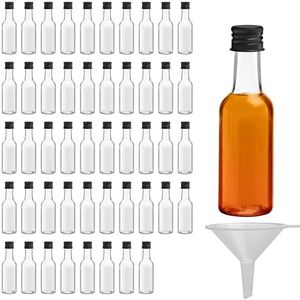 BELLE VOUS 48 Pack Mini Liquor Bottles - Reusable Plastic 50ml (1.7 fl oz) Empty Spirit Bottle with Black Screw Cap, Liquid Funnel for Easy Pouring, Filling - Miniature Bottles for Weddings, Parties