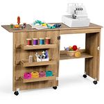 COSTWAY Folding Sewing Table, 2-in-1 Rolling Craft Table with Storage Shelves and Lockable Casters, Space Saving Sewing Machine Cabinet Computer Desk (Natural)