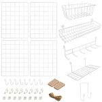 4 Pack Wire Wall Grid Panel With Accessories | Includes Hanging Baskets, Letter Sorter, Shelf & Hook Rack | Complete Set | Wire Notice Board | Hanging Home, Office & Kitchen Décor | Metal & White