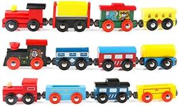 Wondertoys Wooden Train Cars 12 PCS Magnetic Train Sets Includes 3 Engines and Storage Bag - Wooden Train Set for Toddlers Compatible with Major Brands Train Set Tracks - Trains for Train Table