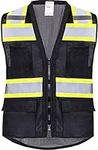 ProtectX 6-Pocket Class 2 High Visibility Safety Vest for Men Women, Reflective Construction Vest with Zipper Front, Black - Mesh Fabric, Large