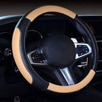 SHIAWASENA Microfiber Leather Car Steering Wheel Cover, Fashion Stitching, Universal 15 Inch Fit, Non-Slip (Black&Beige)