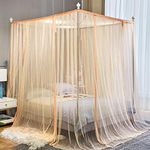 Soft Large Transparent Cool Mosquito Net for Bed Canopy King Sizes Four Corner Post Curtains Bed Canopy Elegant Mosquito Net Set, Stick Hook & Profession Rope for Net (82.7x74.8x94.5inch) (Beige)