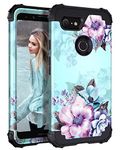 Casetego Compatible Google Pixel 3 Case, Floral Three Layer Heavy Duty Hybrid Sturdy Armor Shockproof Full Body Protective Cover Case for Google Pixel 3, Blue