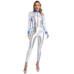 JEATHA Womens Astronaut Costume Shiny Metallic Romper Catsuit Long Sleeve Zip-up Spaceman Cosplay Bodysuit Silver S