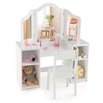 HONEY JOY White Kids Vanity Table, Princess Dressing Table with Tri-Folding Mirror, Open Storage Shelves, Wooden Makeup Table & Chair Set, Pretend Play Vanity Set for Girls(White)