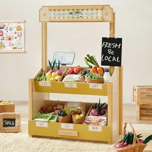 Tiny Land Wooden Grocery Store Playset for Kids, Pretend Farmers Market & Coffee Shop Stand with Cash Register, DIY Price Tags, Chalkboard, Role Play Toy for Toddlers Boys Girls