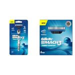 Gillette Mach3 Turbo Men’s Razor with Flexball Technology | Pack of 1 Razor and Gillette Mach Turbo 3 Shaving Blades- Pack of 6 (Cartridges)