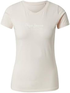 Pepe Jeans New Virginia T-Shirt à Manches Courtes pour Femme Coupe ajustée Blanc, Poudré/Blanc., XS
