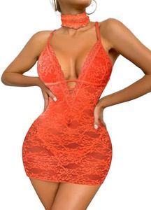 Avidlove Lingerie for Women Deep V Teddy Babydoll Halter Lace Bodysuit Orange